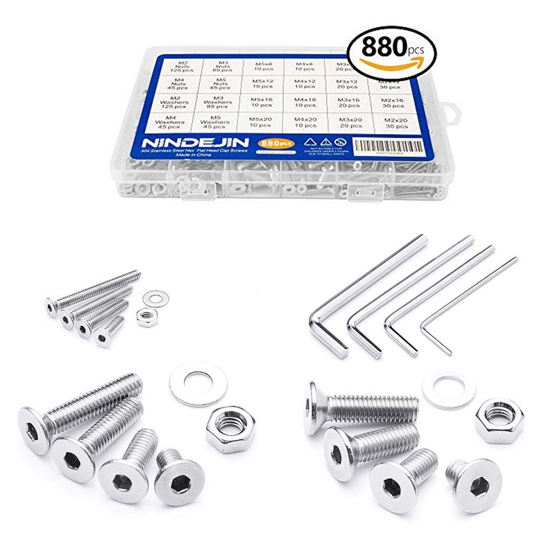 880PCS Stainless Steel 304 M2 M3 M4 M5 Hex Hexagon Socket Screw Set Countersunk Flat Head Screw Kit Allen Bolts and Nuts