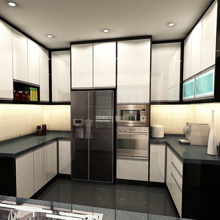 Newest Popular Kitchen Fittings Cabinet Profile L Shaped Home Kitchen Cabinet with Stainless Steel Doors