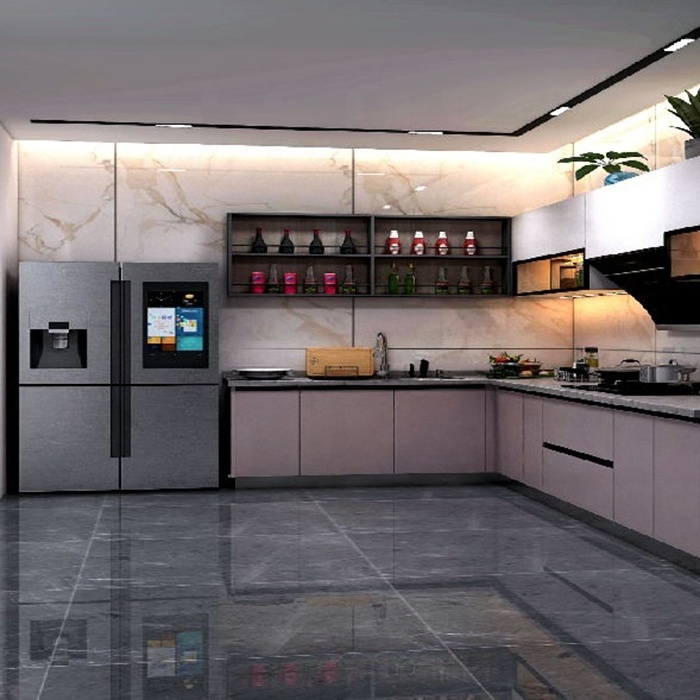 Newest Popular Kitchen Fittings Cabinet Profile L Shaped Home Kitchen Cabinet with Stainless Steel Doors