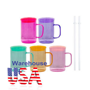 USA Warehouse 17oz Sublimation Blanks Clear Cady Colorful Jelly Glass Mugs With Colored Plastic Lid and Straw