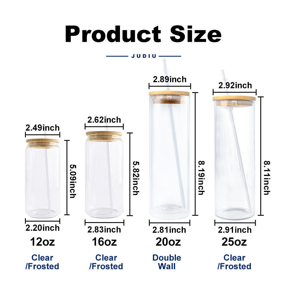 USA Warehouse 12oz 16oz 20oz 25oz Sublimation Blanks Frosted Clear Beer Glass Can Cups with Bamboo Lid and Straw