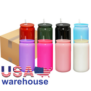 USA Warehouse 16oz Mix 8 Colored Clear Beer Glass Cups Sublimation Blanks Glass Soda Can with Colorful Lid and Plastic Straw