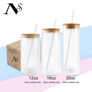 New Arrival Soda Coffee Beer Can Shaped 12oz Blanks Sublimation Snow Globe Double Wall Glass For Glitter With Bamboo Lid