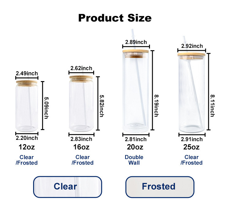 USA Warehouse 12oz 16oz 20oz 25oz Sublimation Blanks Frosted Clear Beer Glass Can Cups with Bamboo Lid and Straw