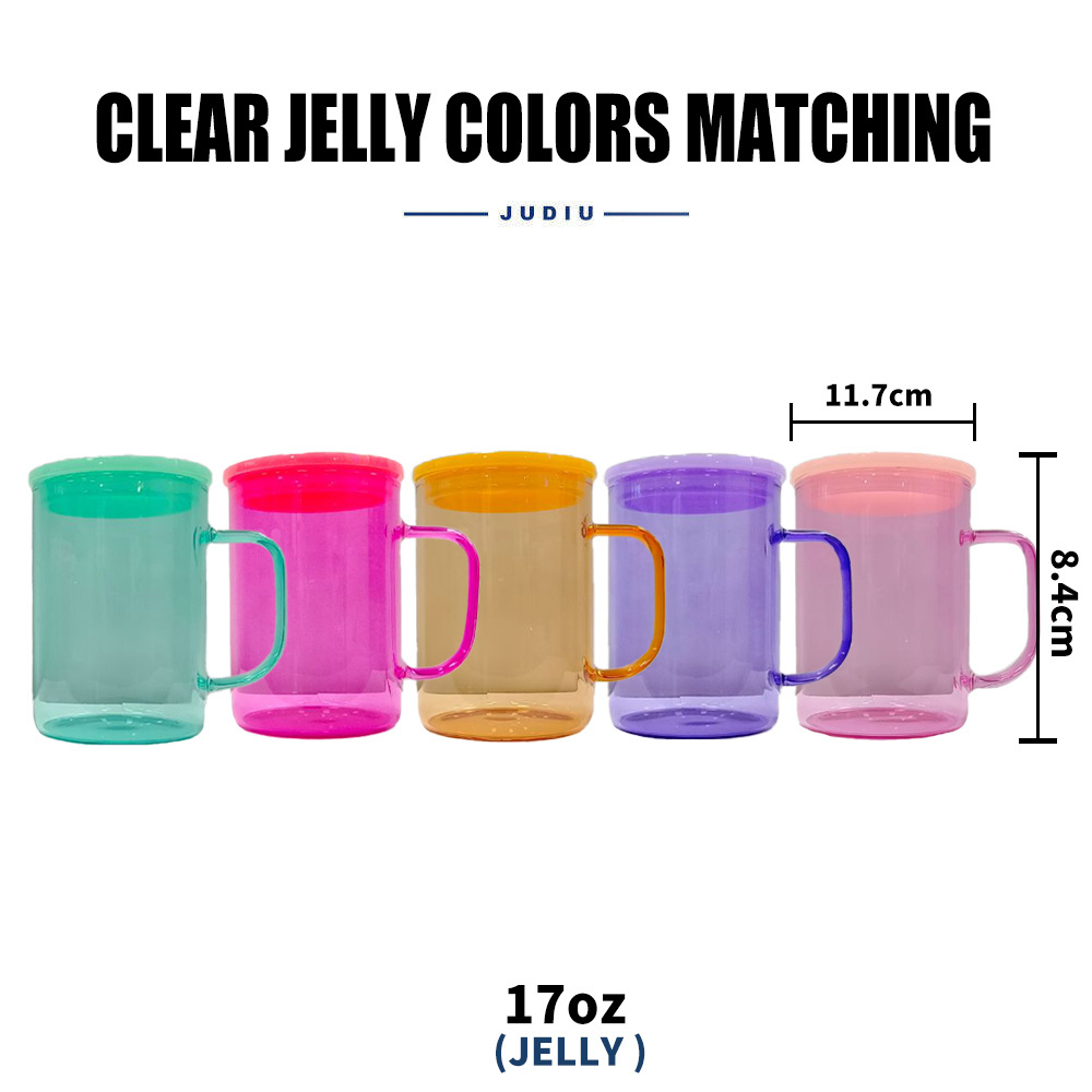 USA Warehouse 17oz Sublimation Blanks Clear Cady Colorful Jelly Glass Mugs With Colored Plastic Lid and Straw