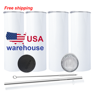 USA Warehouse 20oz Straight Sublimation Tumbler Skinny White Straight Sublimation Blanks Stainless Steel Tumblers with Straws