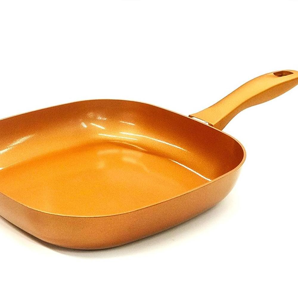 Copper Square Shape Non Stick Cookware Frying Pan  Stainless Steel Handle Red Brown non stick cookware pan.