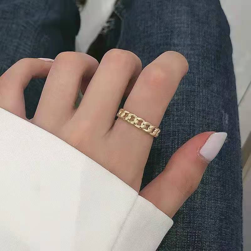 NINE'S Latest 18K Real Solid Gold Ring Designs Yellow Gold 750 Hip Hop Cuban Chain Ring for Girls Christmas Gift