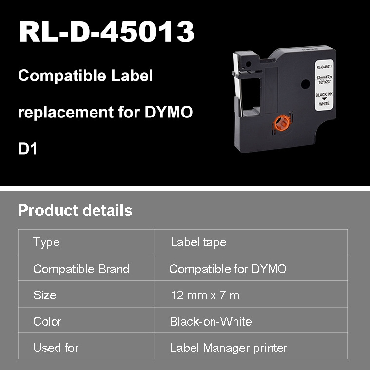 Dymo d1 45013 label 12mm*7m Black on White Compatible Label Tape Cartridge D1-45013 for DYMO