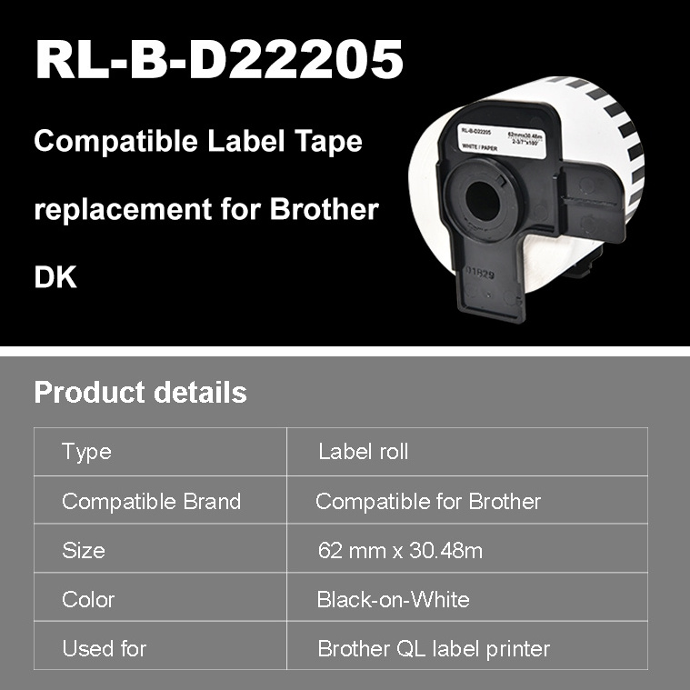 100% Compatible DK-22205 DK22205 DK 2205 Black on White Self Adhesive Thermal Paper Label Roll for Brother QL Printer