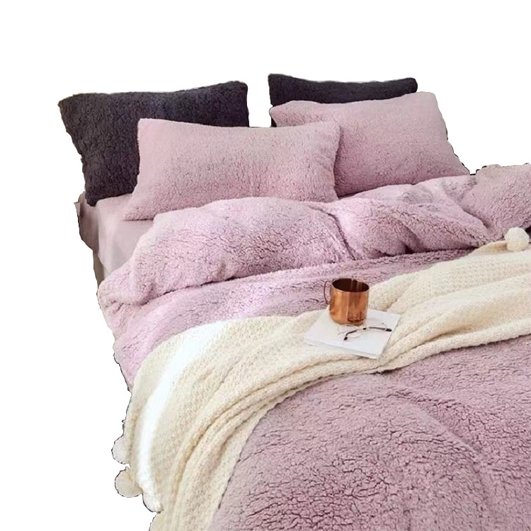 Purple Polyester Bedding Duvet Covers Set with Zipper Shaggy Fur Wholesale King Size Plain Faux Fluffy Minky Flat Sheet Plush 40