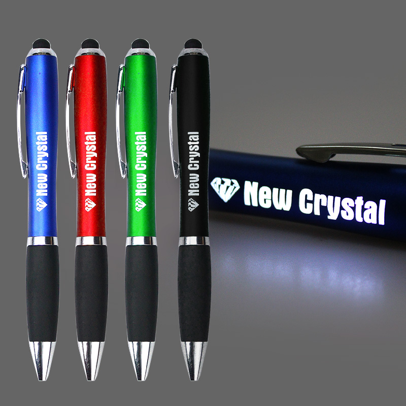 Low MOQ Custom LOGO Laser Led Light Up Ballpoint Pen With Stylus Blue Plastic And Wholesale Personalised Engraved Manufacturer