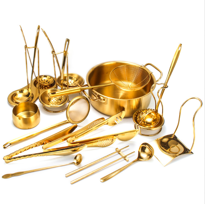 20pcs Luxury Golden Color Stainless Steel Cookware Set Hot Pot Utensils Kitchen Accessories Cooking Tools