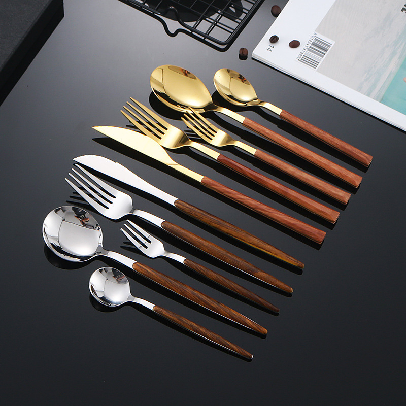 Reusable eco-friendly stainless steel knife fork spoon 5pcs set wooden handle Portuguese style western food hotel cutlery