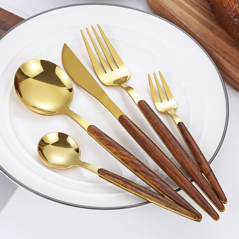 Reusable eco-friendly stainless steel knife fork spoon 5pcs set wooden handle Portuguese style western food hotel cutlery