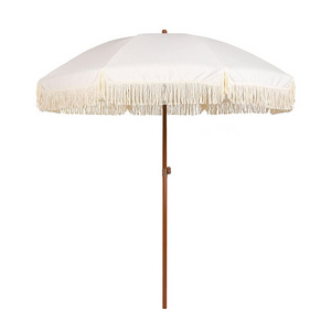 Custom Luxury Portable 7ft Vintage Boho Wooden straw Canvas white outdoor patio beach umbrella with fringe Tassels