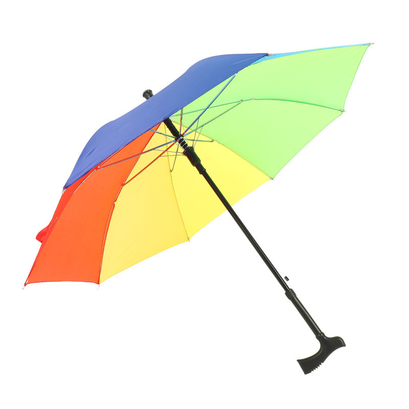 New Rainbow Color Walking Stick Elderly Umbrella Multi-function Outdoor Mountaineering Automatic Umbrella