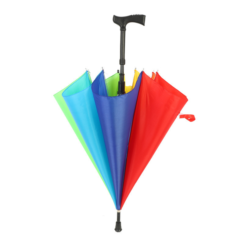 New Rainbow Color Walking Stick Elderly Umbrella Multi-function Outdoor Mountaineering Automatic Umbrella