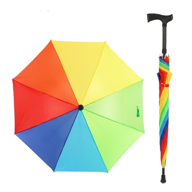 New Rainbow Color Walking Stick Elderly Umbrella Multi-function Outdoor Mountaineering Automatic Umbrella