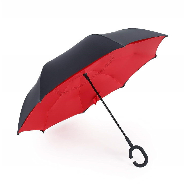 2018 Hot Selling New Products Stock Custom Double Layer Inside Out C Shape Handle inverted Reverse Umbrella with logo prints