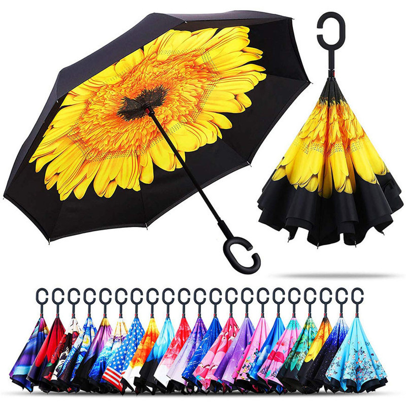 Custom Logo Printed Sunflower Double Layer Reverse Umbrella