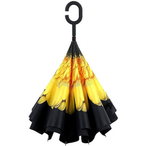 Custom Logo Printed Sunflower Double Layer Reverse Umbrella