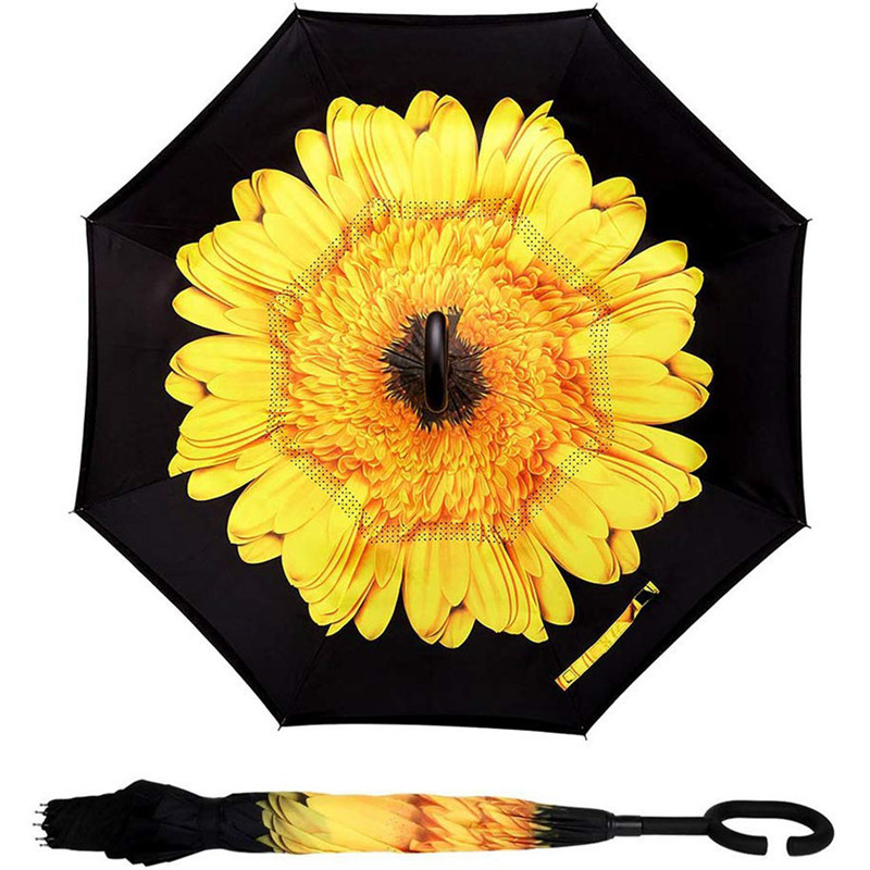 Custom Logo Printed Sunflower Double Layer Reverse Umbrella