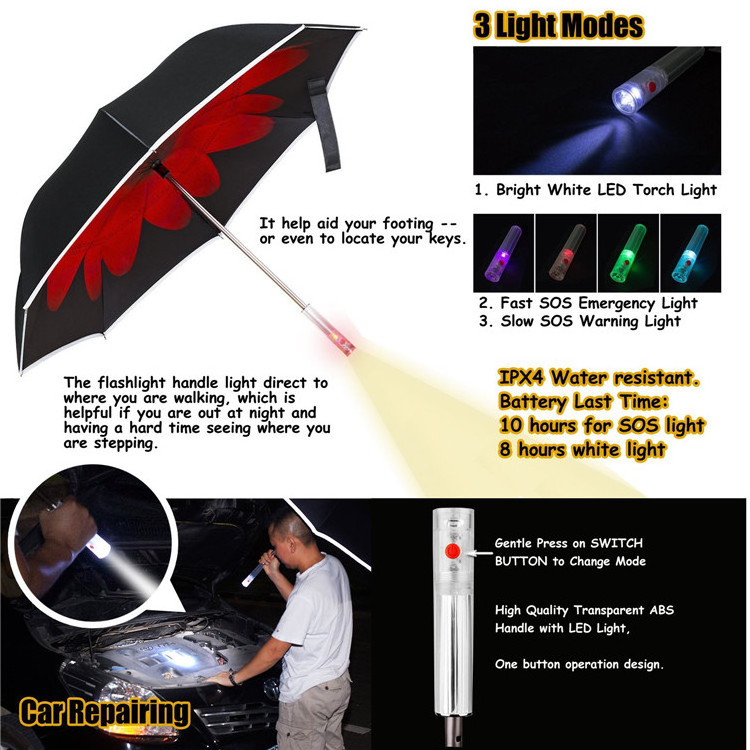 Custom outdoor led reverse umbrella with SOS light reflective reverse inverted car umbrella