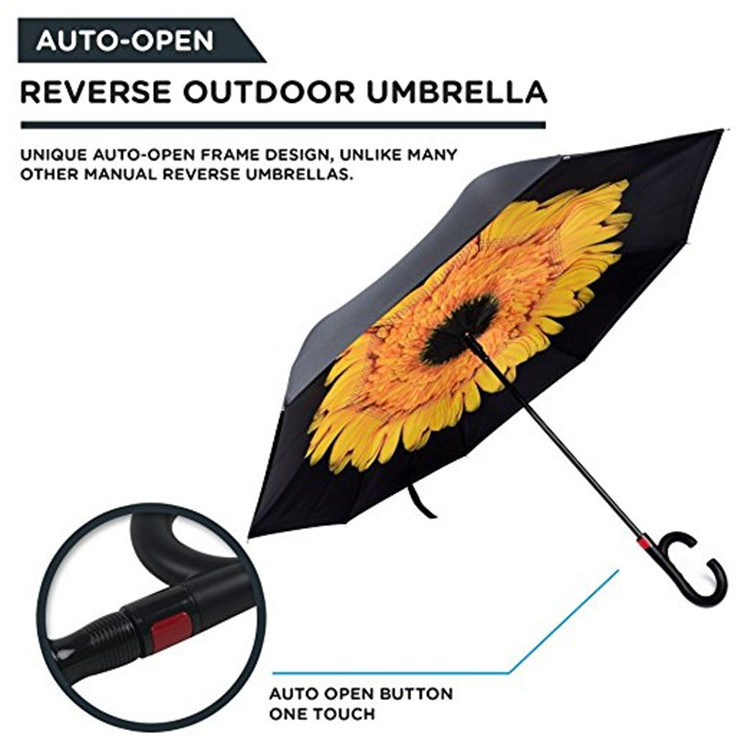 Auto Open Upside Down Sunflower Windproof Reverse Inverted Umbrella for Women