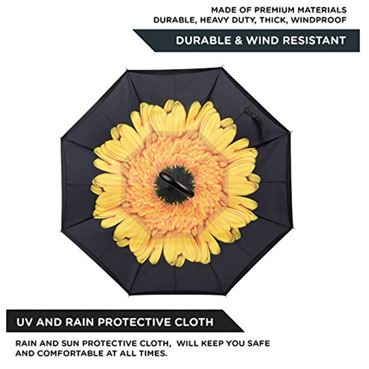 Auto Open Upside Down Sunflower Windproof Reverse Inverted Umbrella for Women