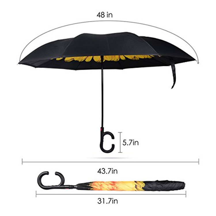 Auto Open Upside Down Sunflower Windproof Reverse Inverted Umbrella for Women