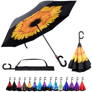 Auto Open Upside Down Sunflower Windproof Reverse Inverted Umbrella for Women