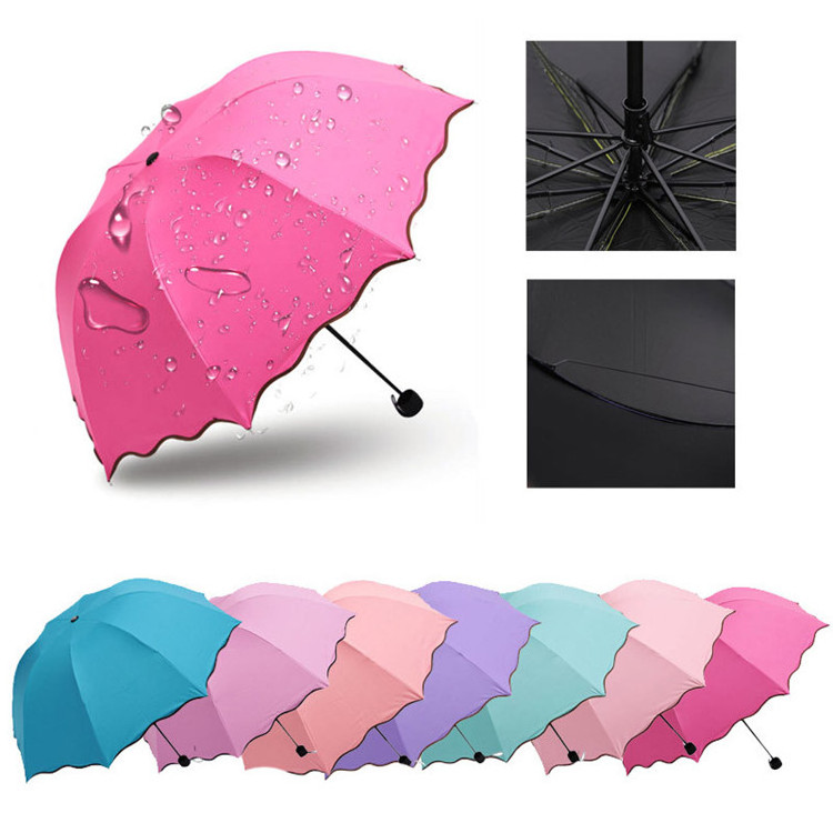 Water Show Flowers handheld parasol frame Rain Travel Umbrella 3 Fold UV Protect Umbrella