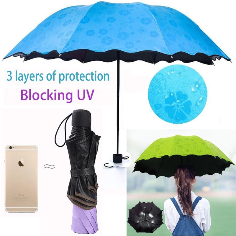 Water Show Flowers handheld parasol frame Rain Travel Umbrella 3 Fold UV Protect Umbrella