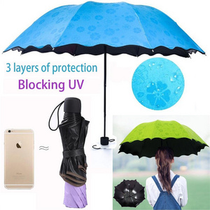 Water Show Flowers handheld parasol frame Rain Travel Umbrella 3 Fold UV Protect Umbrella