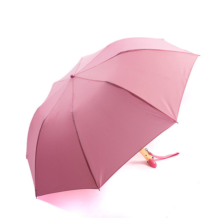 UV 50+ Shade Rain Shine Wooden Two Folding Pink Yellow Travel Duck Head Wood Handle Umbrella