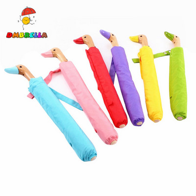 UV 50+ Shade Rain Shine Wooden Two Folding Pink Yellow Travel Duck Head Wood Handle Umbrella