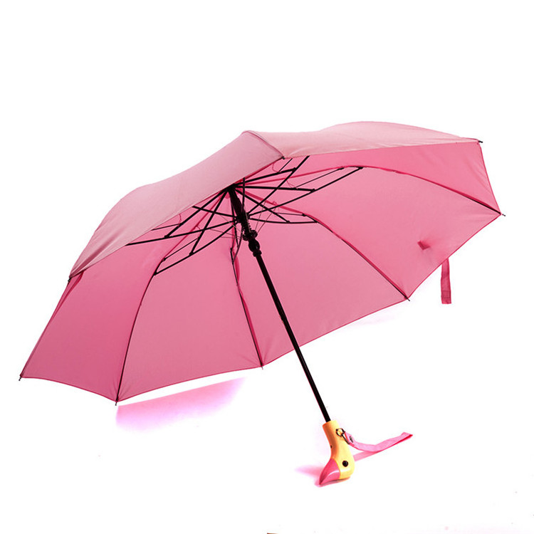 UV 50+ Shade Rain Shine Wooden Two Folding Pink Yellow Travel Duck Head Wood Handle Umbrella