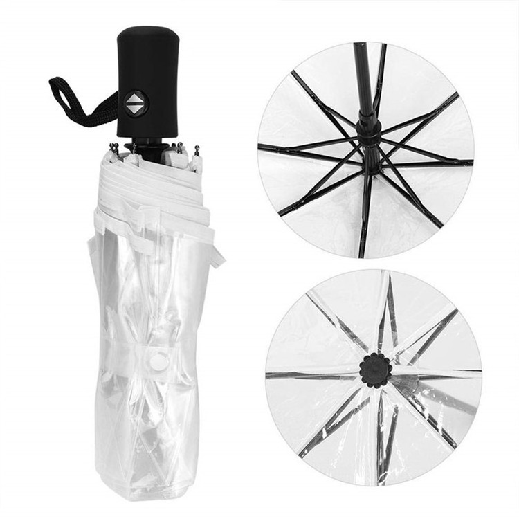 Good Quality Auto Open Close 3 Folding POE/PVC Clear Transparent Umbrella with Custom LOGO Printing