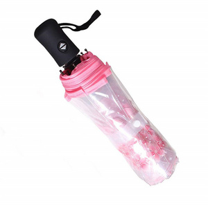 Good Quality Auto Open Close 3 Folding POE/PVC Clear Transparent Umbrella with Custom LOGO Printing