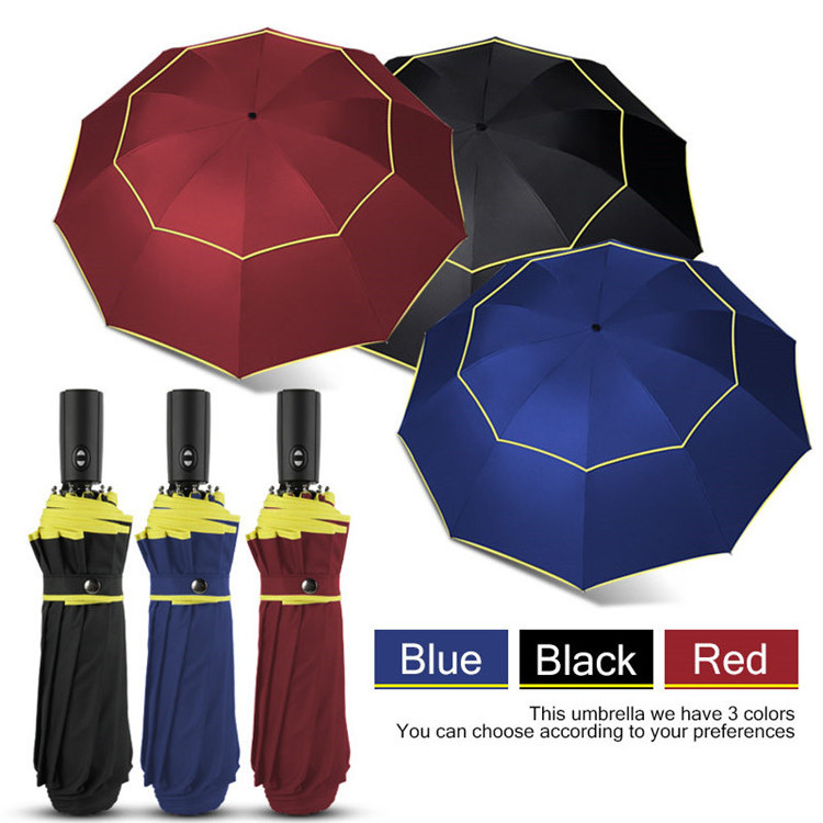 High Quality big fully-automatic man and woman double layer 3 folding windproof golf umbrellas for 8 or 10 ribs