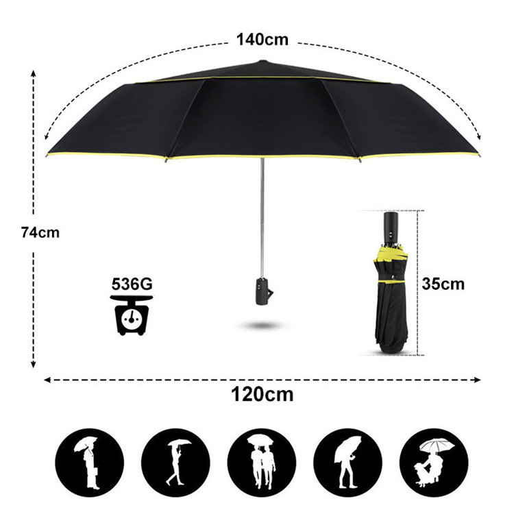 High Quality big fully-automatic man and woman double layer 3 folding windproof golf umbrellas for 8 or 10 ribs