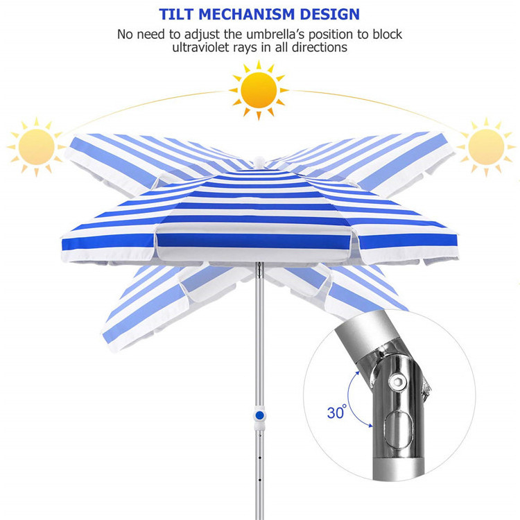 Portable UV Protection Sand Anchor Outdoor Parasol Beach Umbrella with Tilt Aluminum Pole