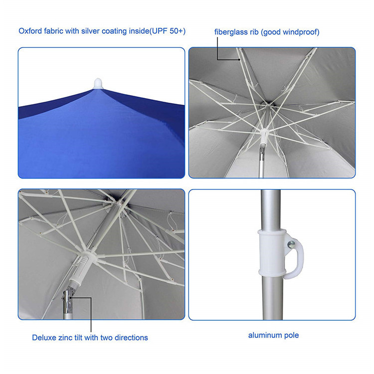 Hot Sell Two Folded Sun Outdoor Patio Beach Umbrella with Metal tilt Portable Silver Coating