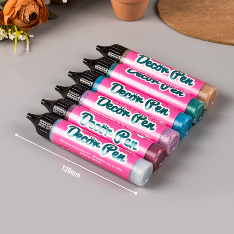 3D glitter decor marker pen  paint 6 gel markers with 3D effect used on plastic wood paper glass ceramic and textile