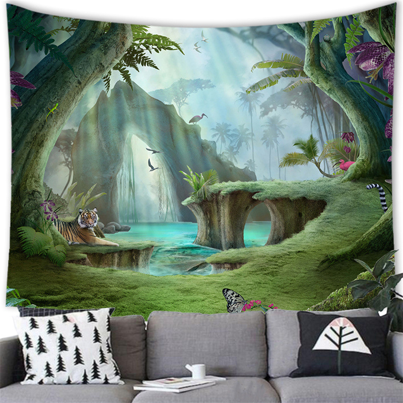 Psychedelic Stream Through Rainforest Jungle Creek  Nature Tree Cave Misty Forest Wall Tapestry