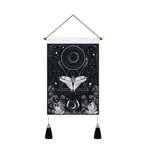 Aesthetic Moon and Vintage Moth Black and White Butterfly Small Tapestry Wall Hanging for Bedroom with Tassels