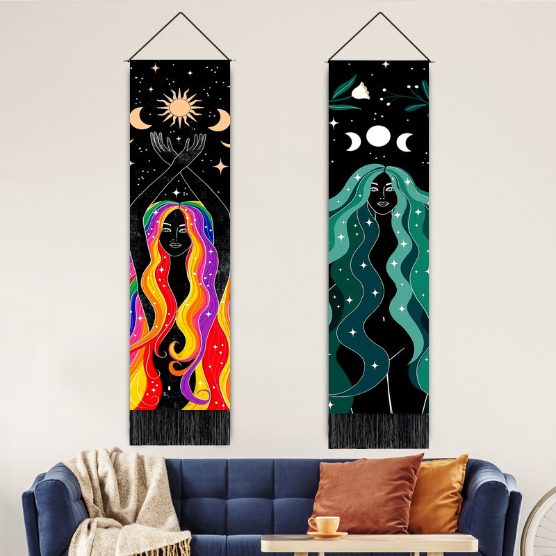 Aesthetic Bohemian Sun and Moon Tapestry with Star Rainbow Girl Vertical Tapestry Wall Hanging Room Decor