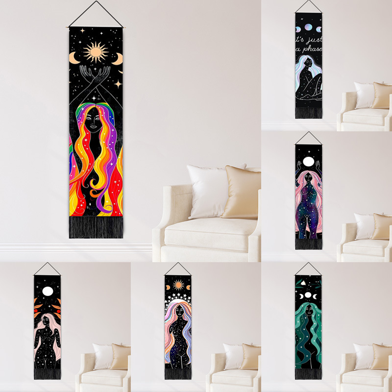 Aesthetic Bohemian Sun and Moon Tapestry with Star Rainbow Girl Vertical Tapestry Wall Hanging Room Decor