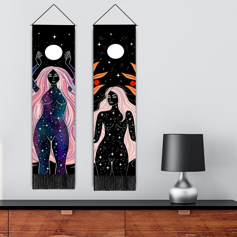 Aesthetic Bohemian Sun and Moon Tapestry with Star Rainbow Girl Vertical Tapestry Wall Hanging Room Decor